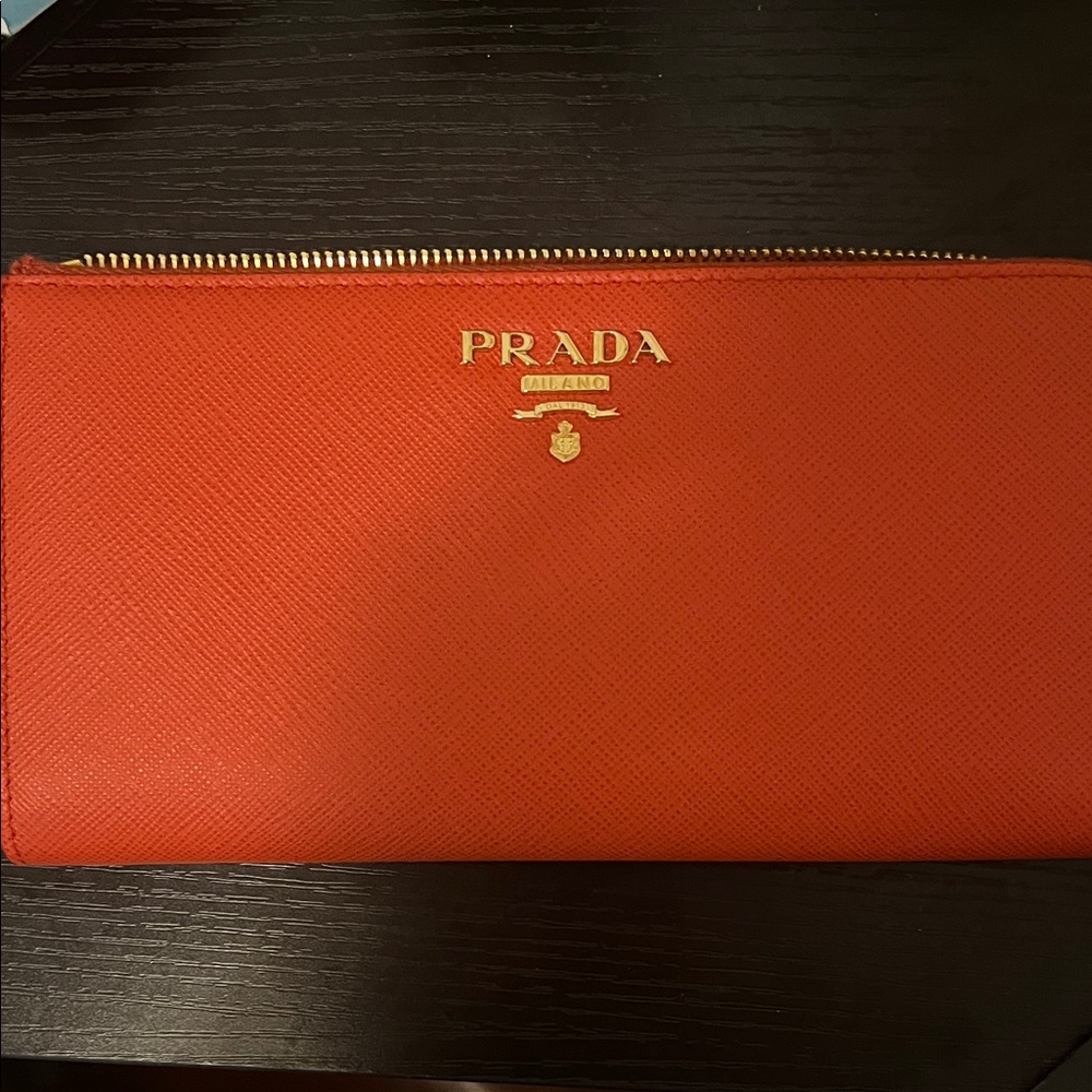 Prada Scarlet Wallet with Gold Zipper